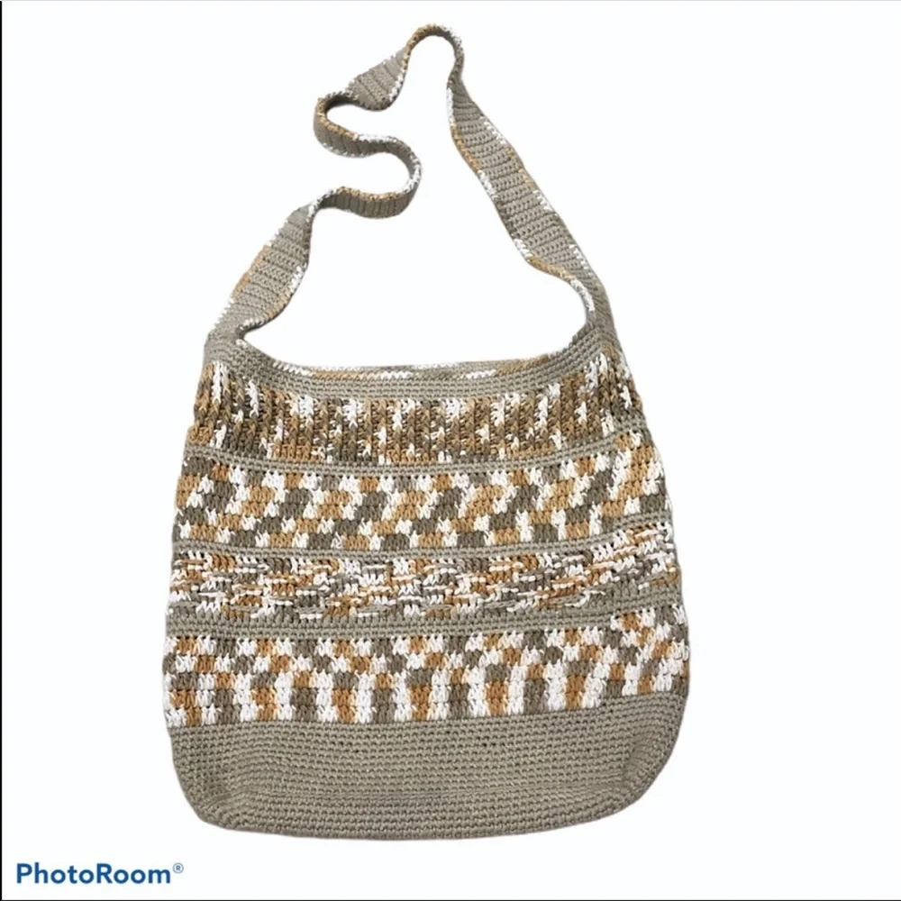 Large tan and cream crocheted crossbody bag with zipper top